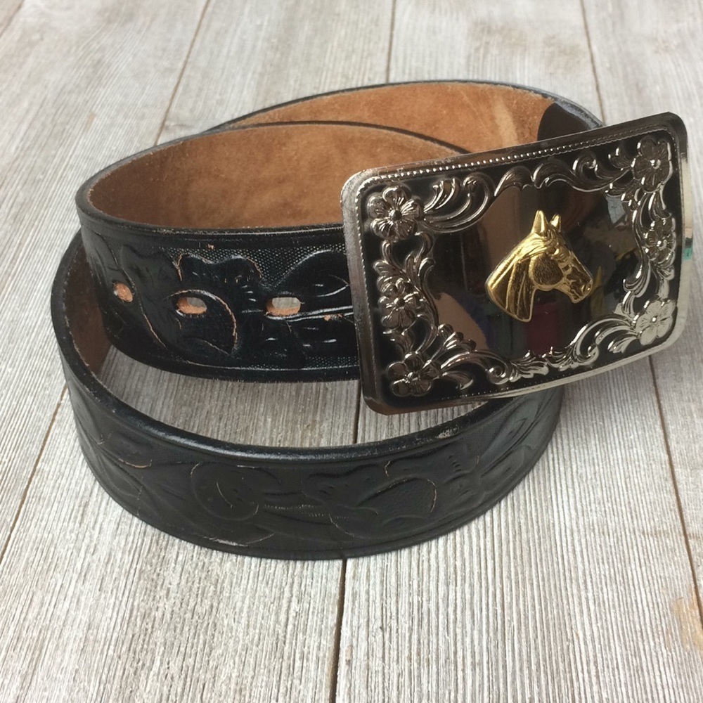 Burton Floral Tooled Black Leather Horse Belt